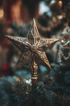 Christmas Star in embossed gold with floral engraving design placed on pine tree as traditional holiday decoration element