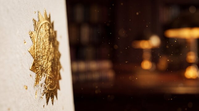 Gold foil seal stamp on white paper document. Features embossed metallic emblem in warm library setting. Close-up macro photography for legal certification, diploma, and official contract.