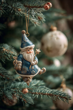 Christmas Tree Decorations presenting blue Santa Claus figurine ornament with golden details and magic wand on evergreen holiday tree