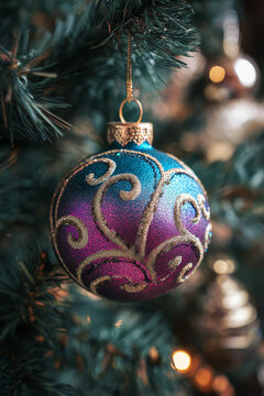 Christmas Ball in pink and teal gradient with gold glitter swirls for bold and colorful tree holiday decoration