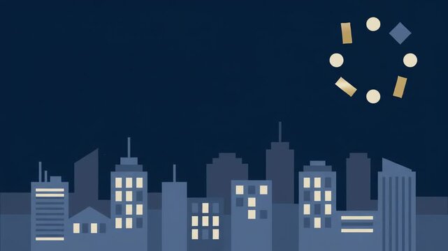 Night Cityscape with Rotating Confetti Shapes, Vector Animation