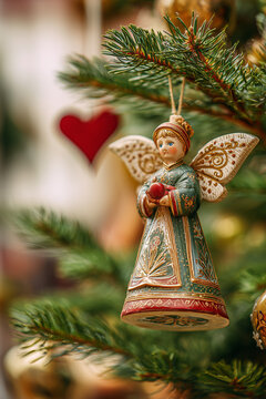 Christmas Tree Decorations with angel ornament dressed in embroidered green and red robes with golden wings on festive pine branch