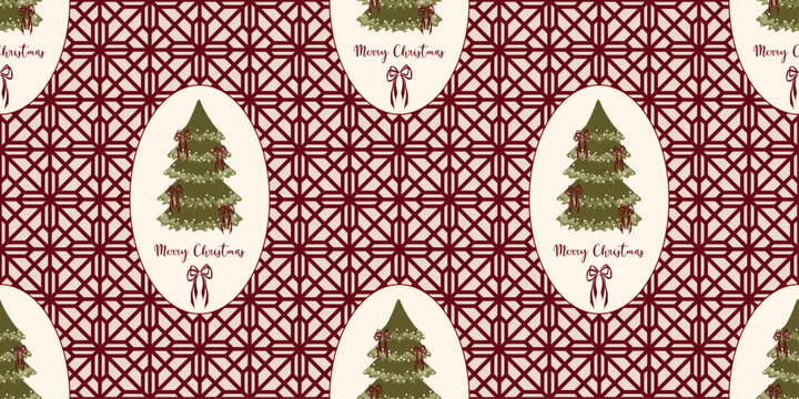 Christmas Seamless Pattern with Oval Frame, Pine Tree, Ribbon Bows, and Maroon Geometric Lattice Background