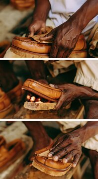 Craftsman meticulously polishes a leather shoe with a cloth.