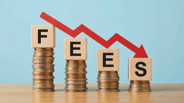 Financial Concept of Reducing Fees with Stacks of Coins and Red Downward Arrow