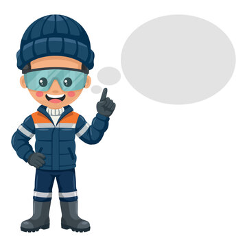 Industrial cold chain engineer with blank thought bubble for thermodynamics protocols in cryogenic storage facilities and subzero temperature warehouse management network