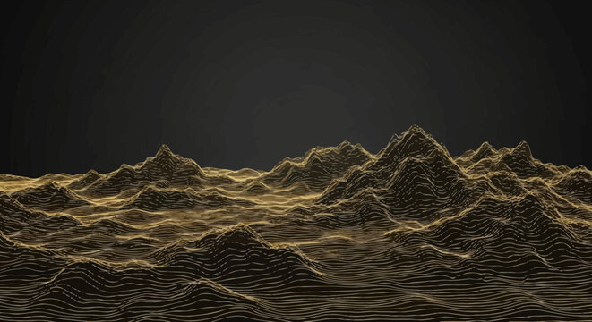 Abstract Gold Mountain Landscape, Wireframe Terrain, Dark Background, Digital Art