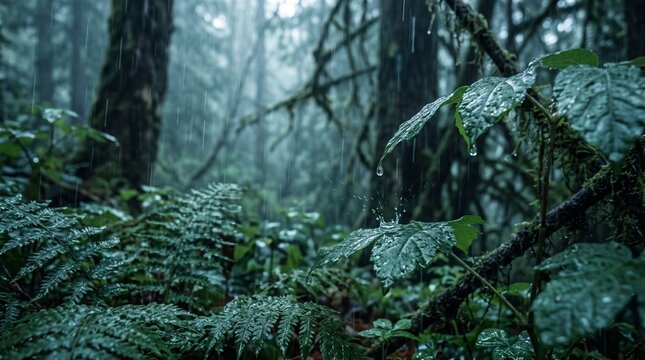 Heavy rain falling in a lush green temperate rainforest with droplets splashing on leaves