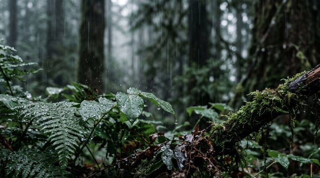 Moody rainy forest with green foliage and dripping leaves in misty wilderness