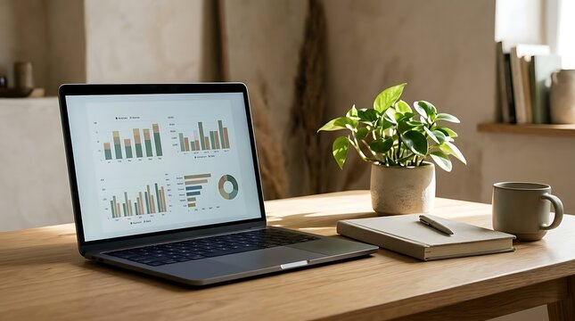 Business charts on a laptop in a calm workspace with muted tones, minimal desk setup with a plant and a notebook, warm diffused lighting creating a cozy yet professional feel, side perspective shot us