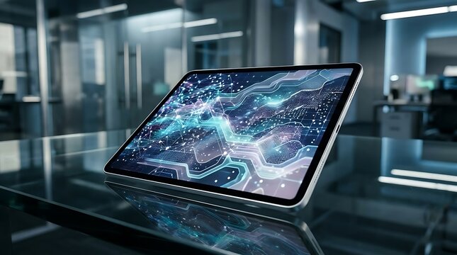 Business data visualized as intricate abstract patterns on a tablet in a sleek office setup, futuristic workspace with glass surfaces and subtle reflections, cool-toned directional lighting with soft 