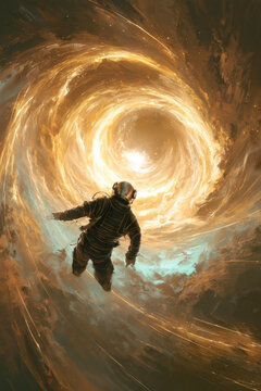 brave astronaut floating in cosmic whirlpool of golden light and swirling nebula stars creating epic space adventure and sci fi exploration digital painting artwork with dramatic atmosphere