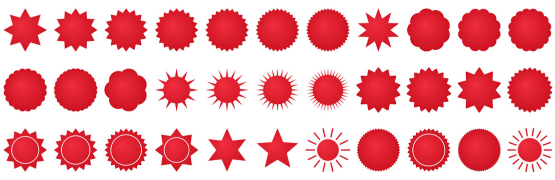 Set of red starburst sale badges, sunburst stickers and price tag shapes isolated on transparent background