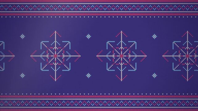 Winter holidays knitted nordic pattern background with snowflakes loop animation