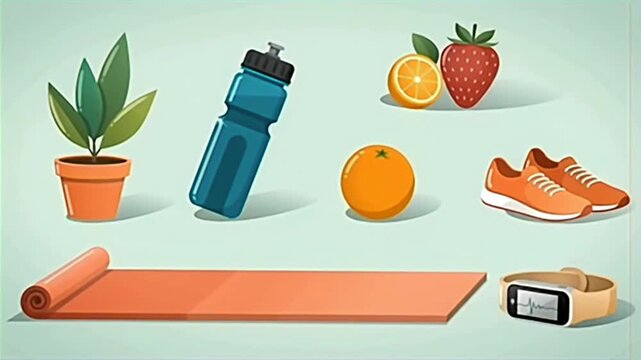 Healthy Lifestyle and Fitness Equipment Animation with Workout Gear and Fresh Fruits