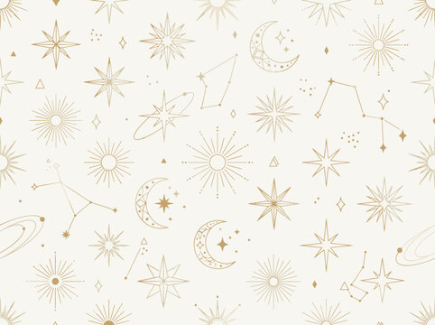 Celestial stars crescent moon constellation pattern on cream background