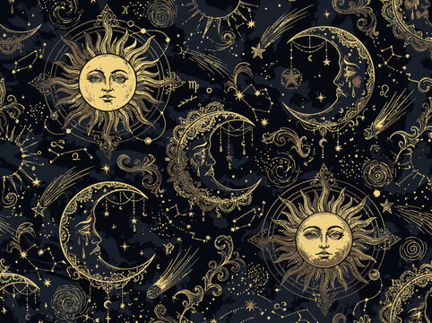 Ornate celestial suns and crescent moons with starry sky motif