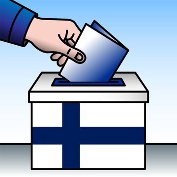 Finland, ballot box, flag and hand inserting a ballot paper into a ballot box, vector illustration