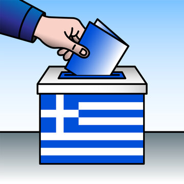 Greece, ballot box, flag and hand inserting a ballot paper into a ballot box, vector illustration