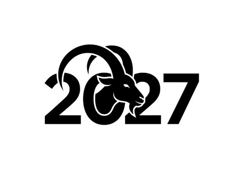 Year of the Goat 2027 Chinese Zodiac logo, black and white goat head silhouette with 2027 typography, lunar new year vector illustration