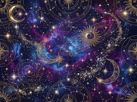 Astral zodiac celestial pattern with stars moons and sun motifs