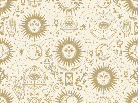 celestial sun moon and occult symbols pattern