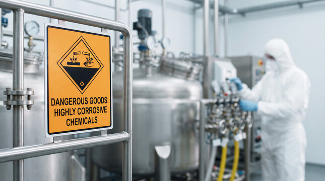 Dangerous goods highly corrosive chemicals warning sign beside stainless steel tanks with worker in protective suit, process plant safety concept