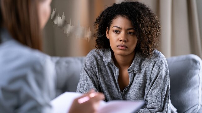 Serious young woman listening during therapy session with counselor taking notes. Sound wave graphic above client head. Mental health support and psychology counseling concept.