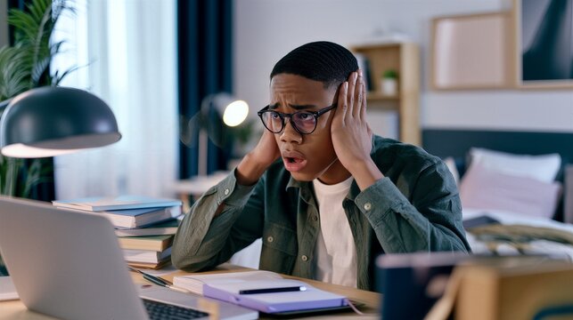 Stressed teenage boy covering ears at laptop while studying at desk in bedroom. Overwhelmed student with books and notebook. Exam stress and study pressure concept.