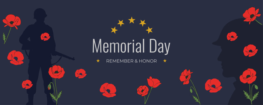 Flat vector Memorial Day illustration with red poppy flowers and silhouettes of brave soldiers for remembrance events on dark blue background