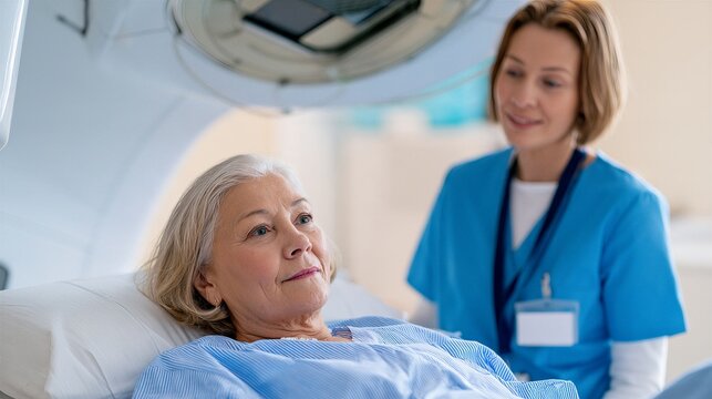 Senior woman lying in hospital bed with nurse at bedside. Patient care and medical support. Healthcare for older adults. Hospital treatment and recovery. Compassionate clinical care.