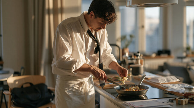 A tired office worker arriving home and preparing a quick dinner after an exhausting day, loosening a tie while stirring vegetables in a frying pan, a work bag resting beside the