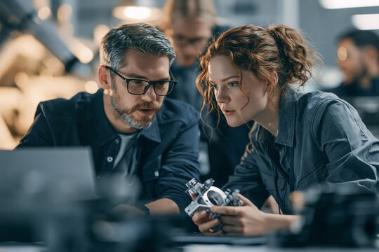 Two engineers examining a mechanical part while working together on a project in a modern laboratory
