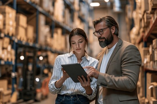 Warehouse manager and colleague reviewing inventory data on a digital tablet in a large distribution center