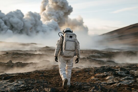 Astronaut in a full white space suit walking across a desolate volcanic landscape with smoke clouds