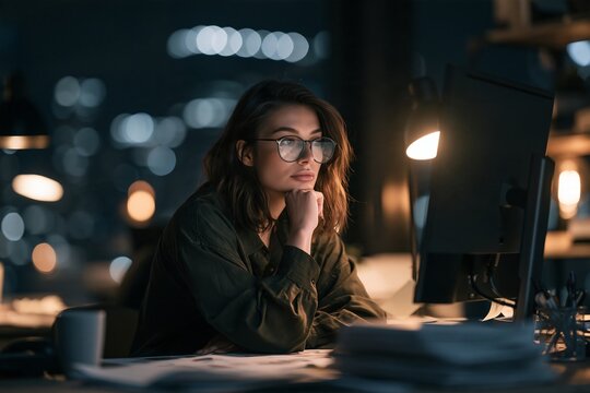 Focused young woman wearing glasses working late at night on a computer in a dark office building