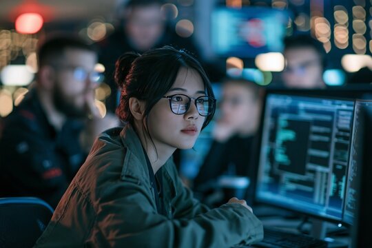 Young female software developer wearing glasses focused on computer code in a dark office environment