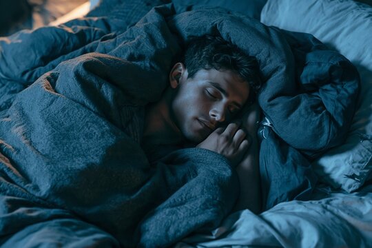 Young man sleeping peacefully in a comfortable bed covered with a warm blue duvet in the darkness