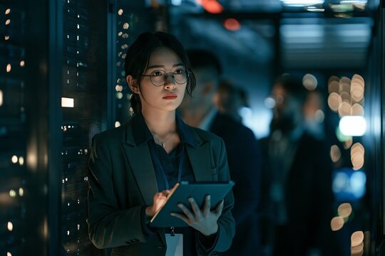 Young woman in a business suit using a tablet inside a dark server room with glowing blue hardware