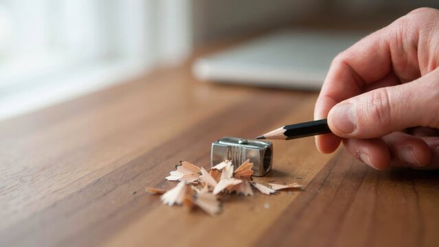 Person sharpening black pencil with metal sharpener on wooden desk for creative writing projects.