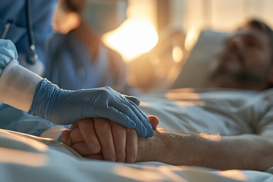 Compassionate nurse wearing blue gloves holding the hand of a patient lying in a hospital bed