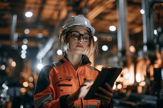 Female engineer in high visibility workwear and hard hat using a tablet in a large industrial plant