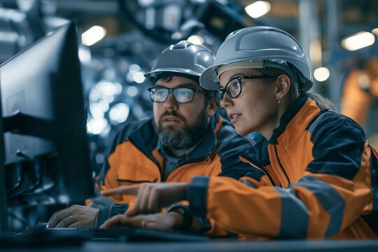 Two industrial engineers in hard hats reviewing data on a computer screen in a manufacturing plant