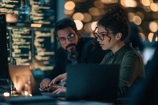 Two software developers collaborating on a project while looking at laptop screens in a dark office