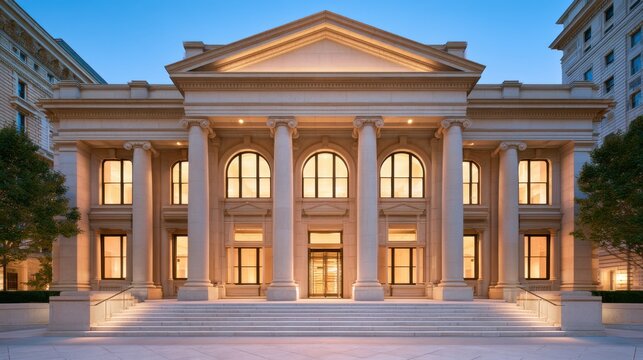Historic bank building facade featuring tall stone columns and illuminated arched windows above wide entrance steps