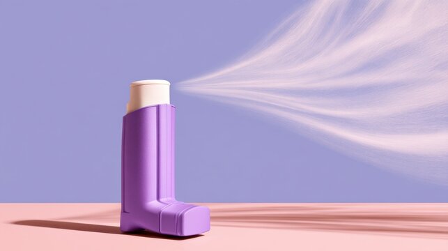 Medical inhaler in lilac plastic with white mouthpiece releasing fine mist against pastel purple background, respiratory care device