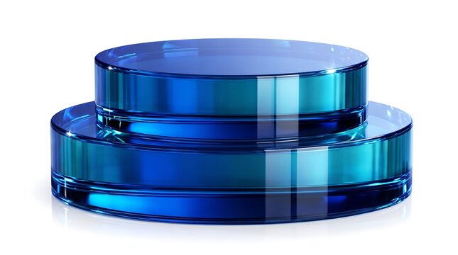 Blue glass circular tiered platform display stand with product phot