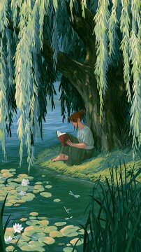 Woman reading a book under willow tree by lily pond