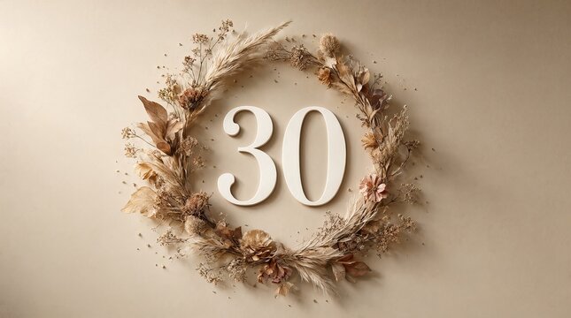 Minimalist Card for 30th Birthday Celebration with a Wreath of Dried Flowers and Natural Tones