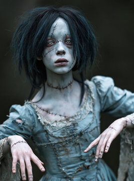Pale stitched zombie woman with white eyes and messy black hair wearing ragged vintage dress, scary corpse bride and frankenstein monster portrait for halloween horror concept.